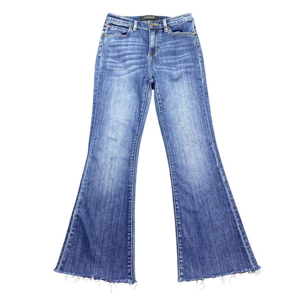 Liverpool Hannah High Rise Super Flare Jeans Harpswell Blue Raw Hem Sz 0/25
